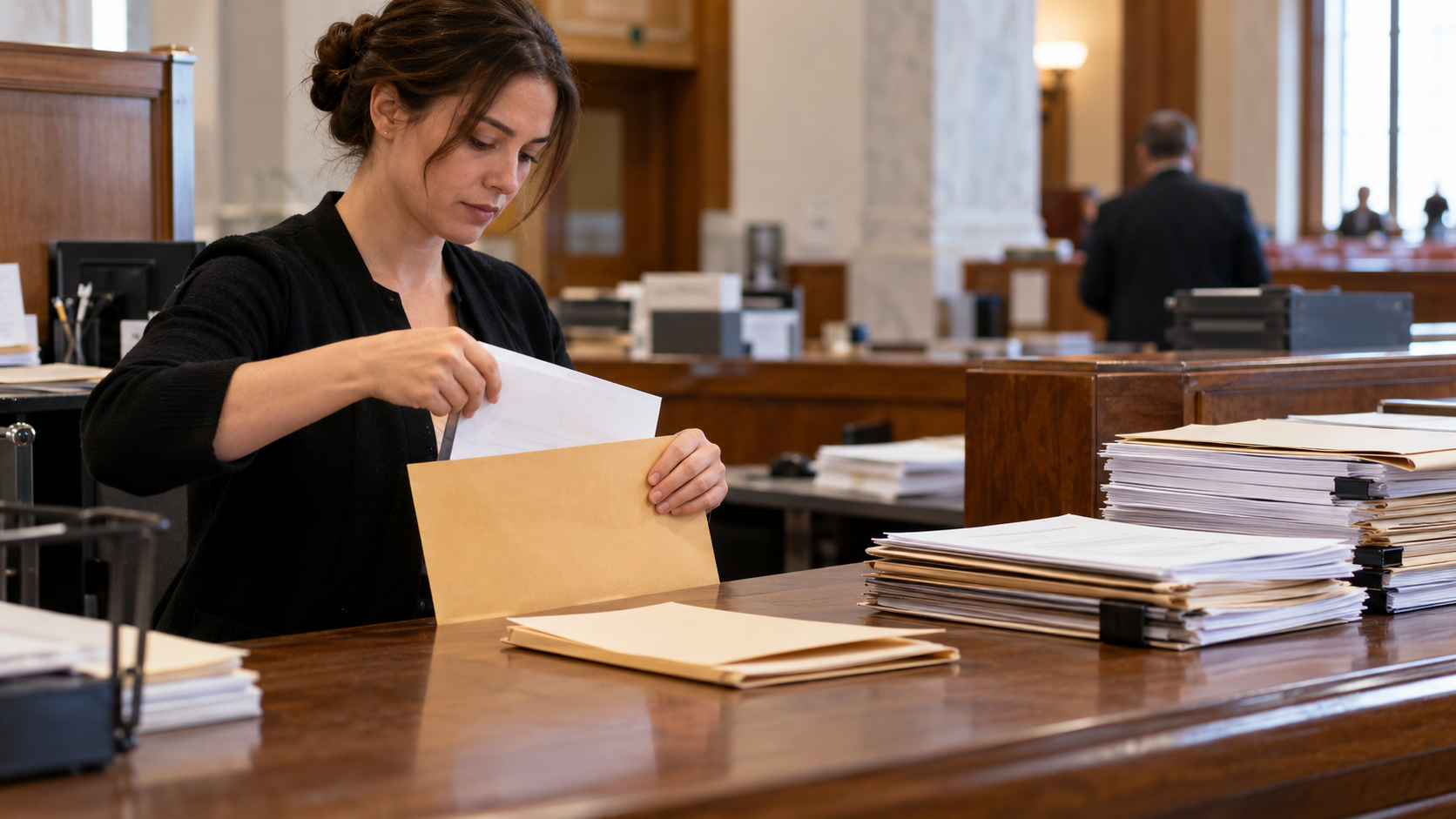 Conceptual realistic view of a court clerk preparing a formal subpoena envelope