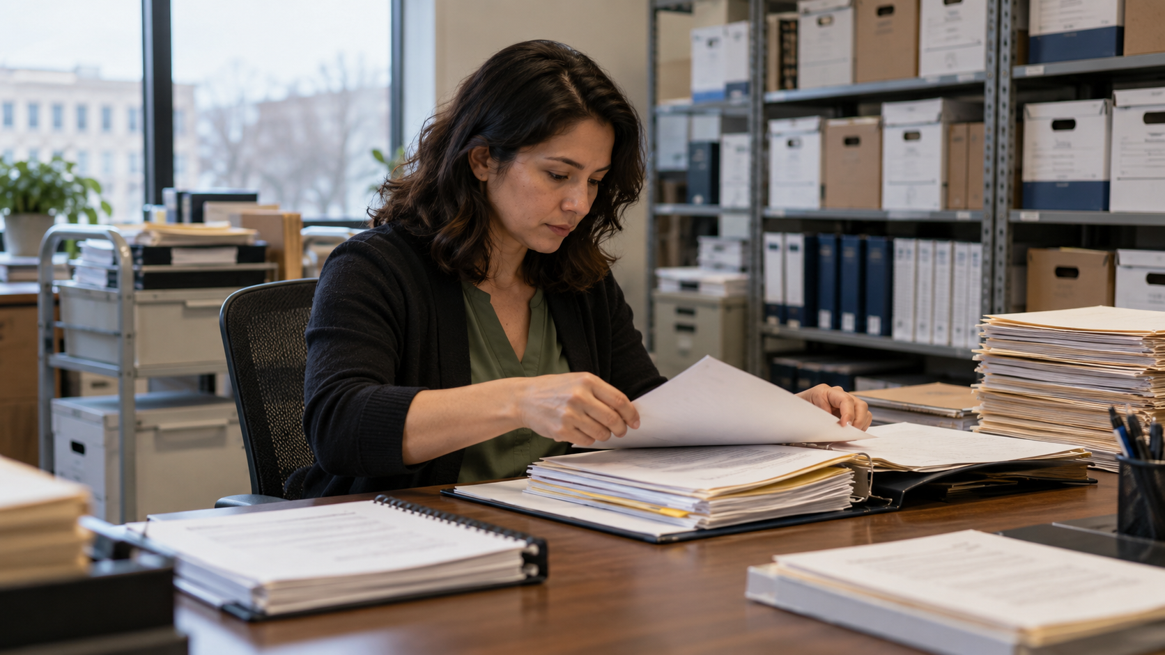 Conceptual realistic view of an agency analyst organizing an administrative review record