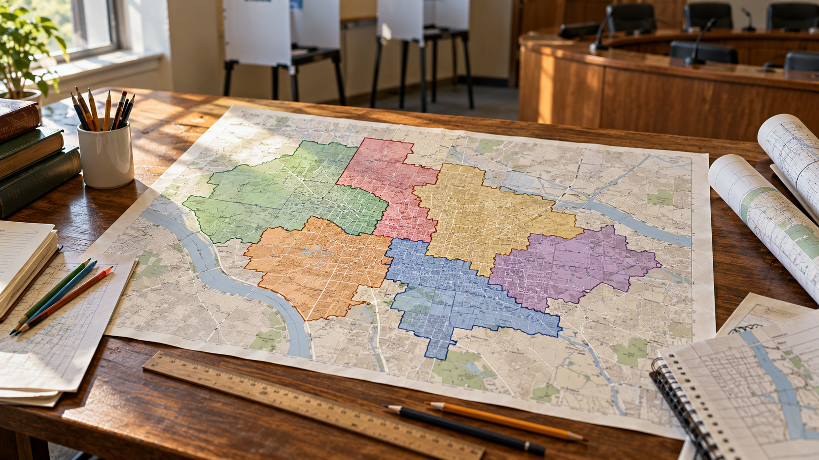 A paper street map with colored district boundaries, pencils, and a ruler on a wooden desk.