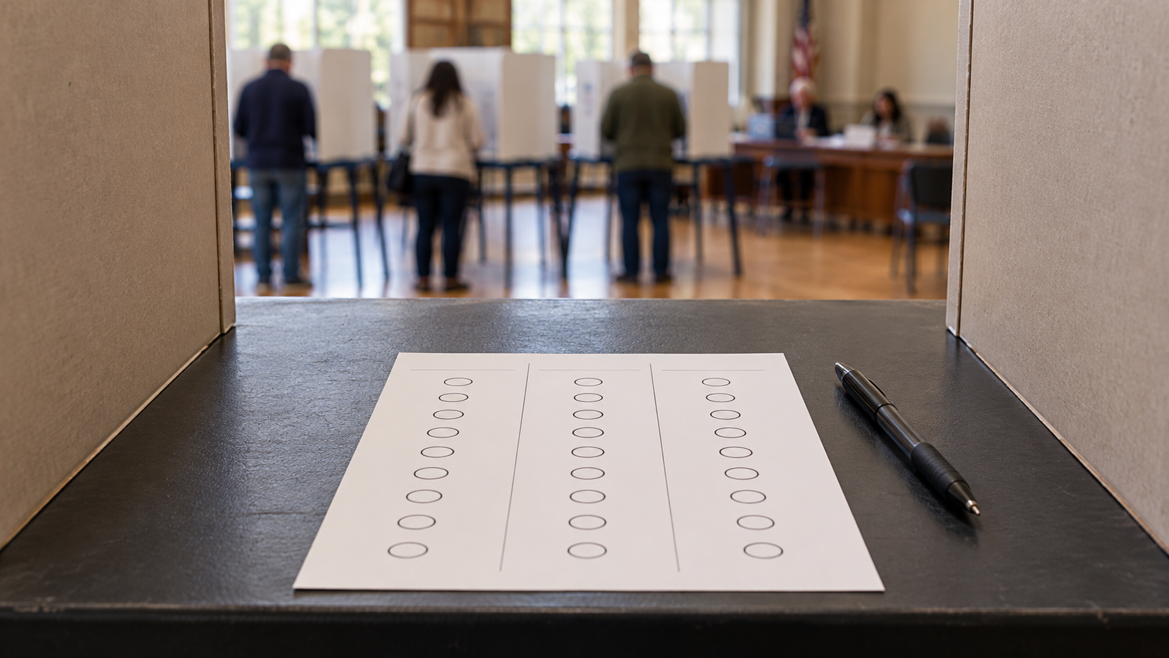 An unmarked ballot with three columns of empty ovals and a pen on a voting booth table.