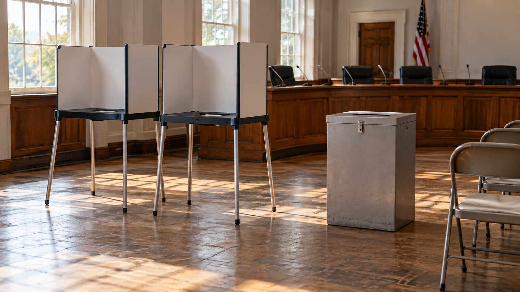 A quiet community polling room with two privacy booths and a sealed neutral ballot receptacle beside folded metal chairs.