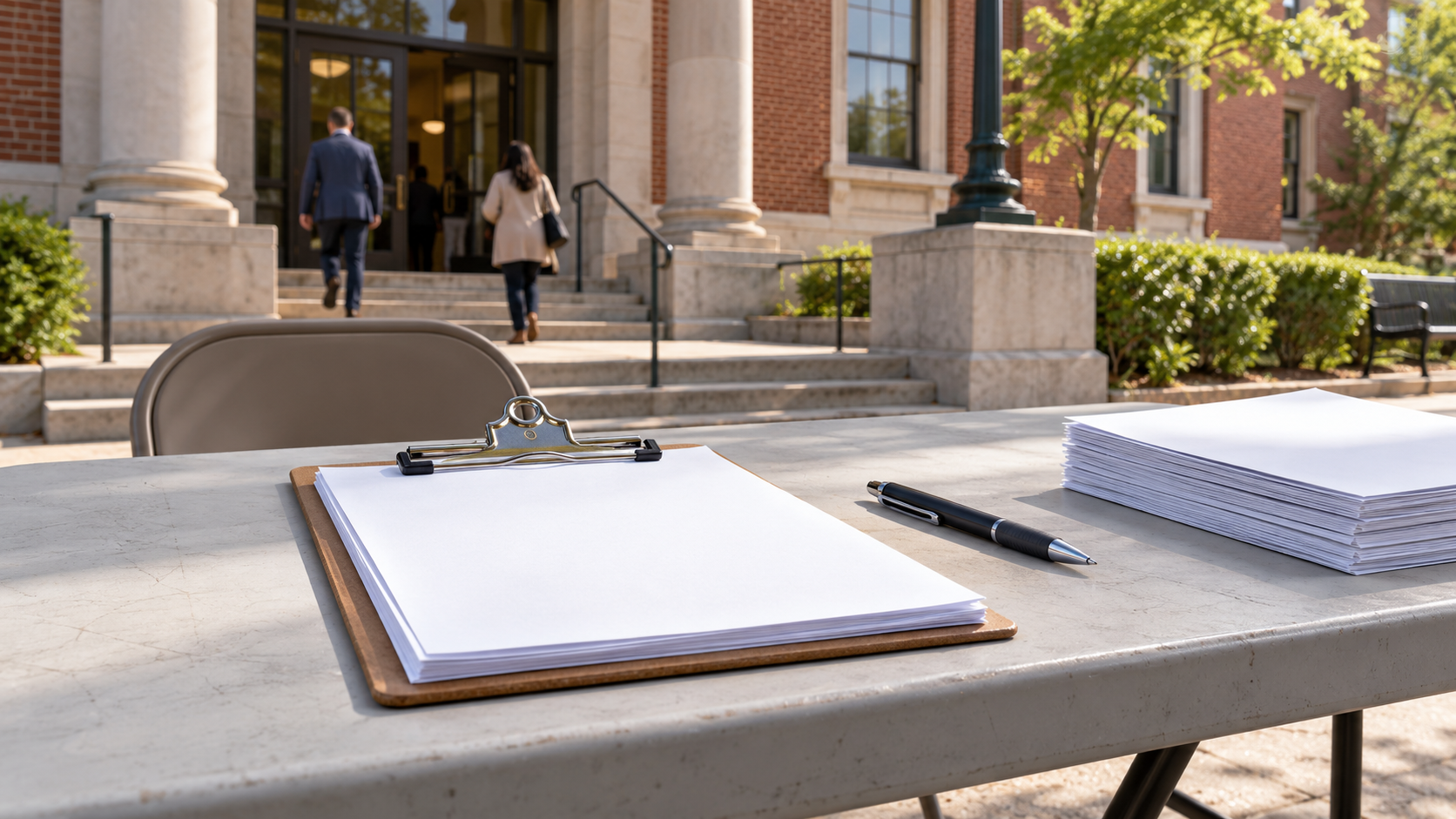A clipboard with petition pages turned blank-side up.