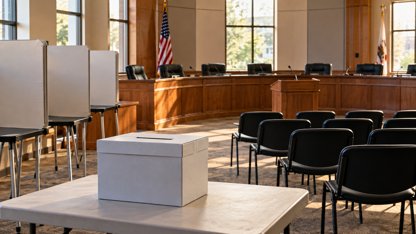 An empty municipal council chamber with a wooden podium.