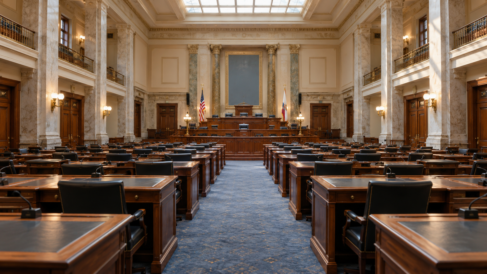 A wide empty state legislative chamber with many evenly arranged wooden desks and chairs beneath soft skylight.