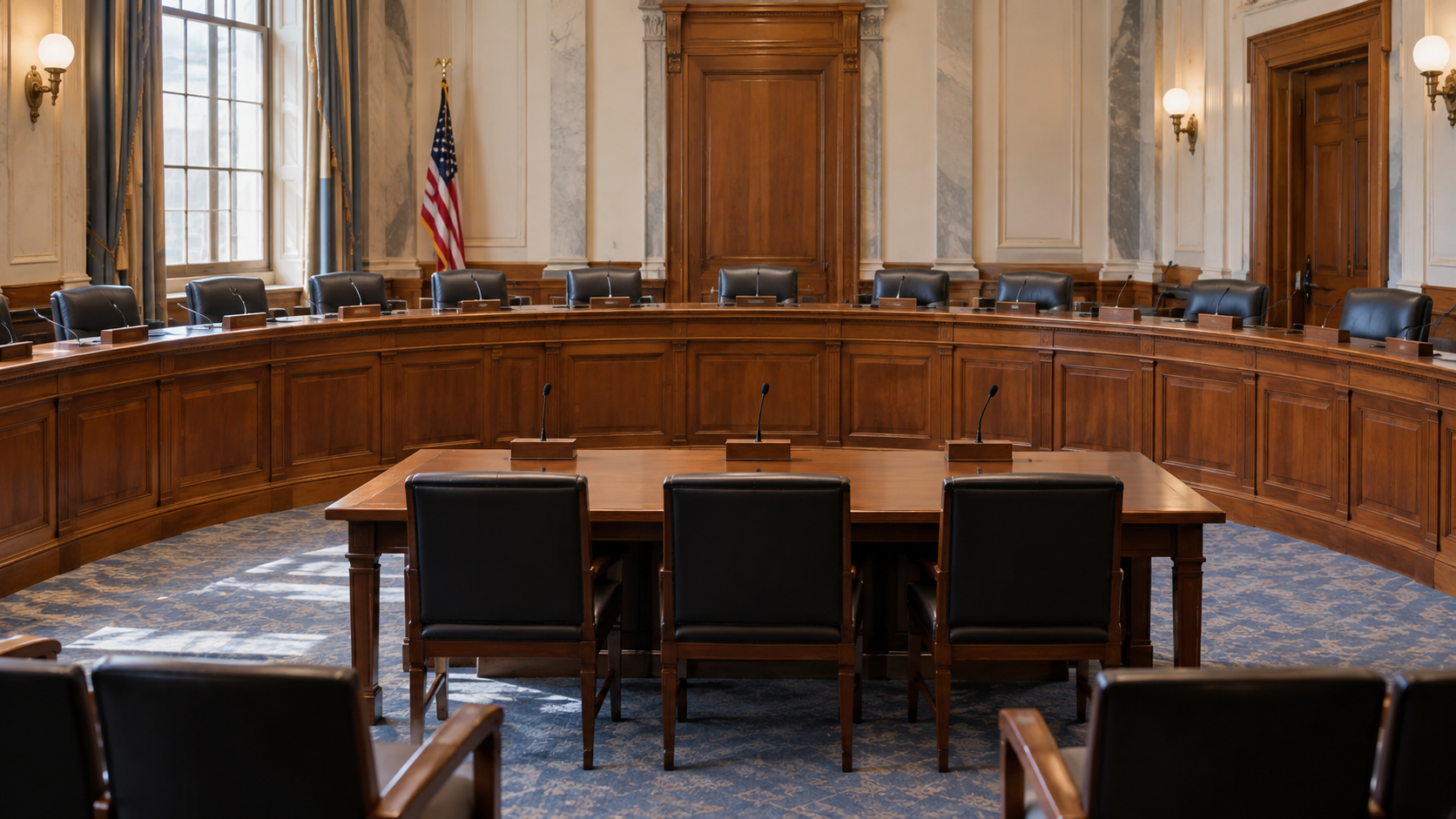 An empty committee hearing room with microphones and a curved wooden dais.
