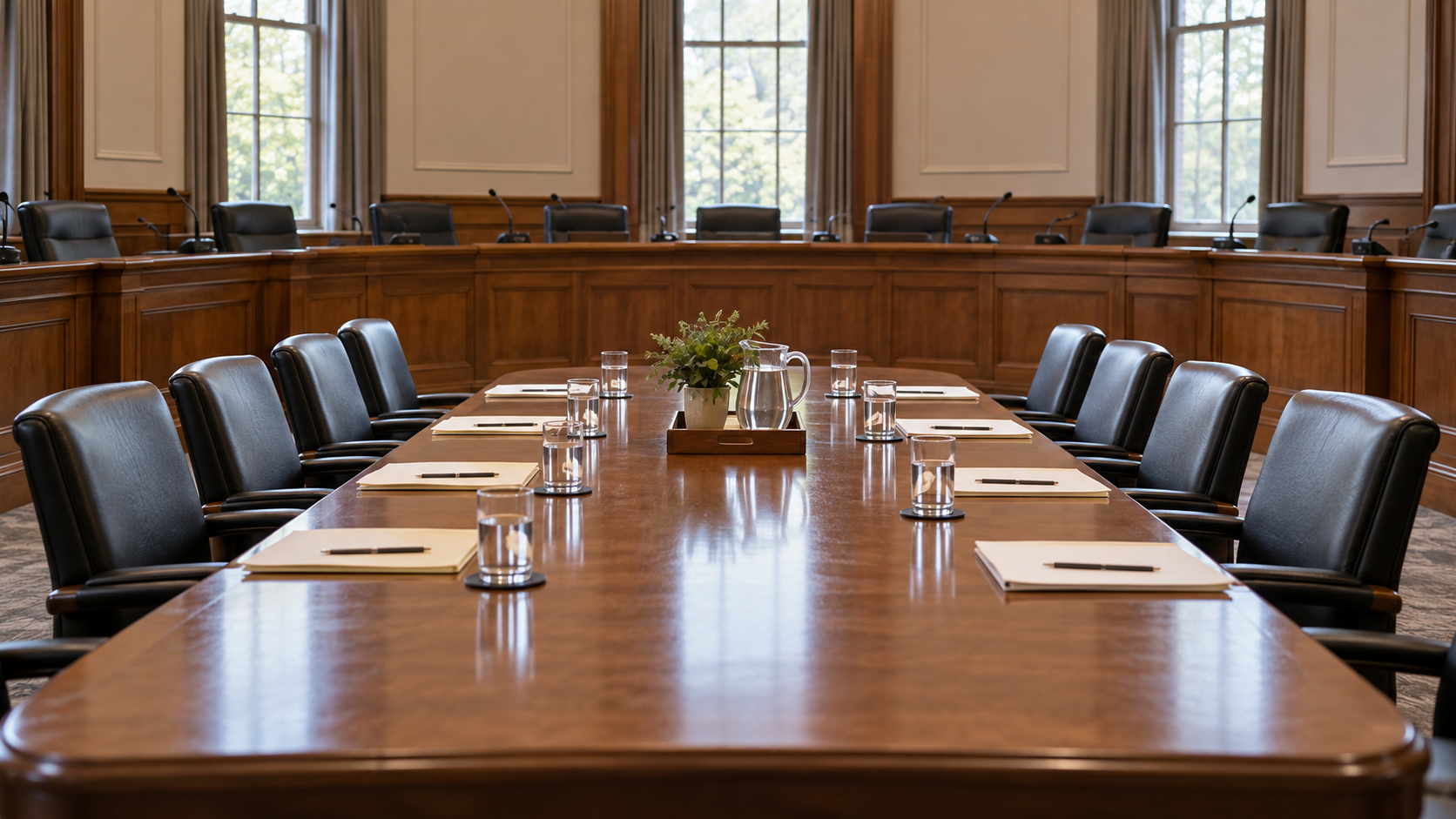 A modest legislative conference meeting room with a long wooden table.