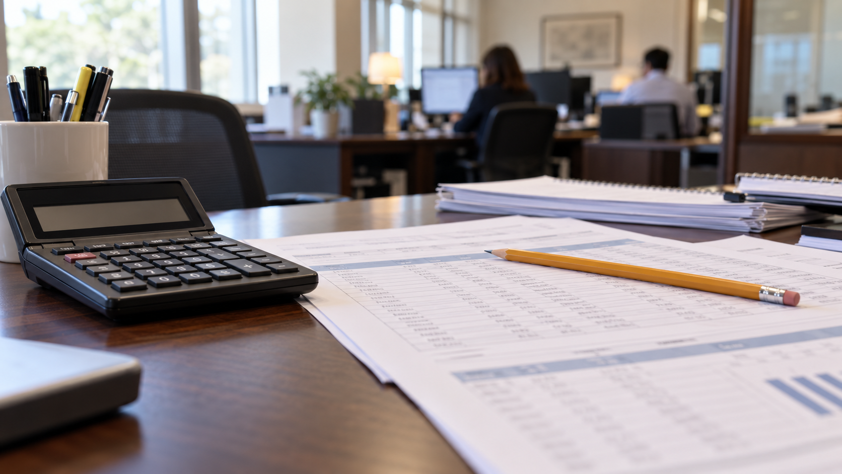 A calculator, paper charts, and folders on a wooden office desk.