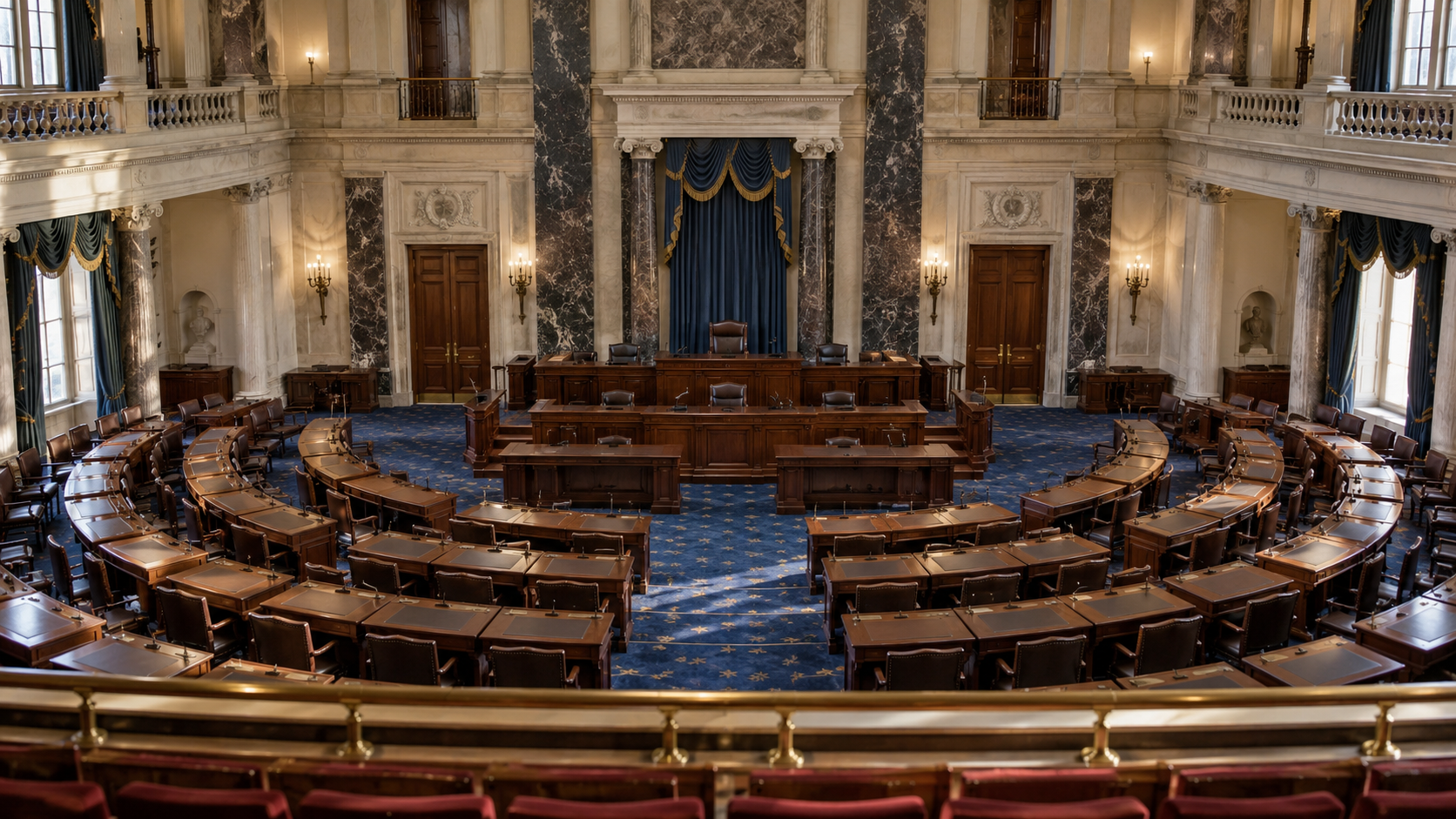 The interior of a historic Senate-style chamber viewed from gallery height.