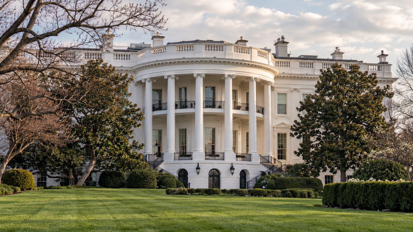 The White House South Portico from the grounds.