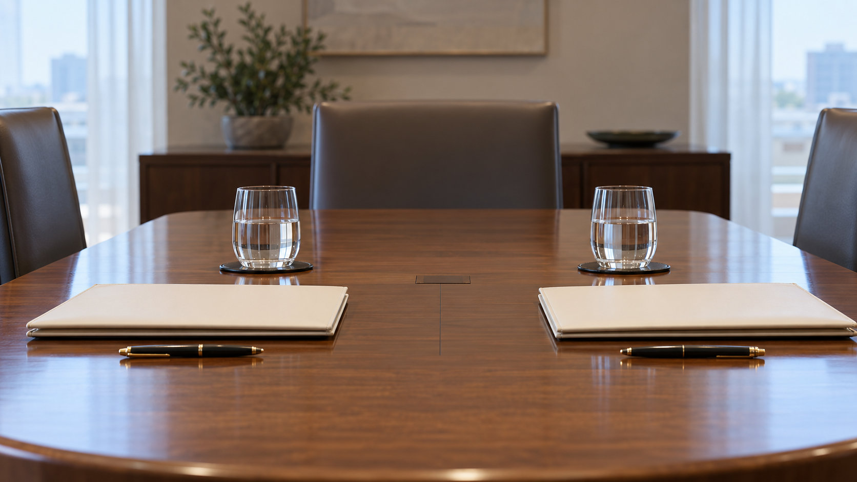 A diplomatic meeting table with two closed cream document folders.
