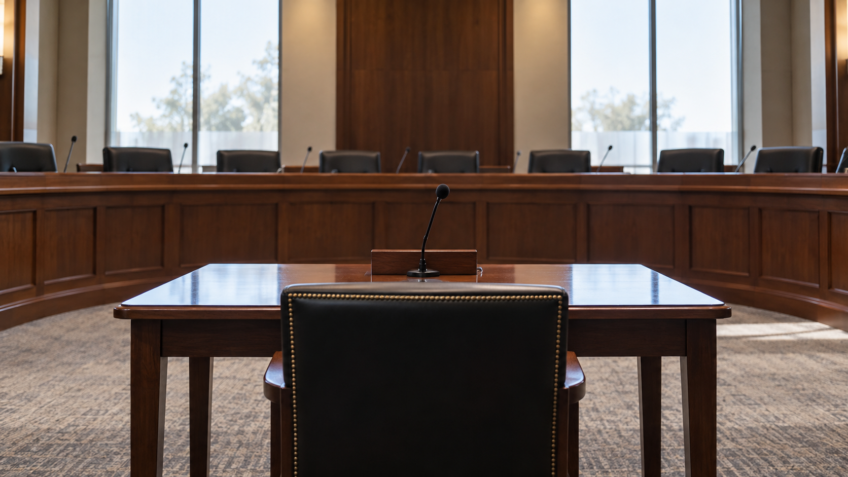 An empty public hearing room with a single witness chair and microphone in sharp foreground.