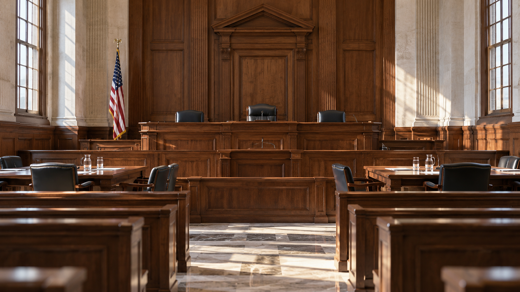 A federal courtroom with an empty elevated judicial bench.