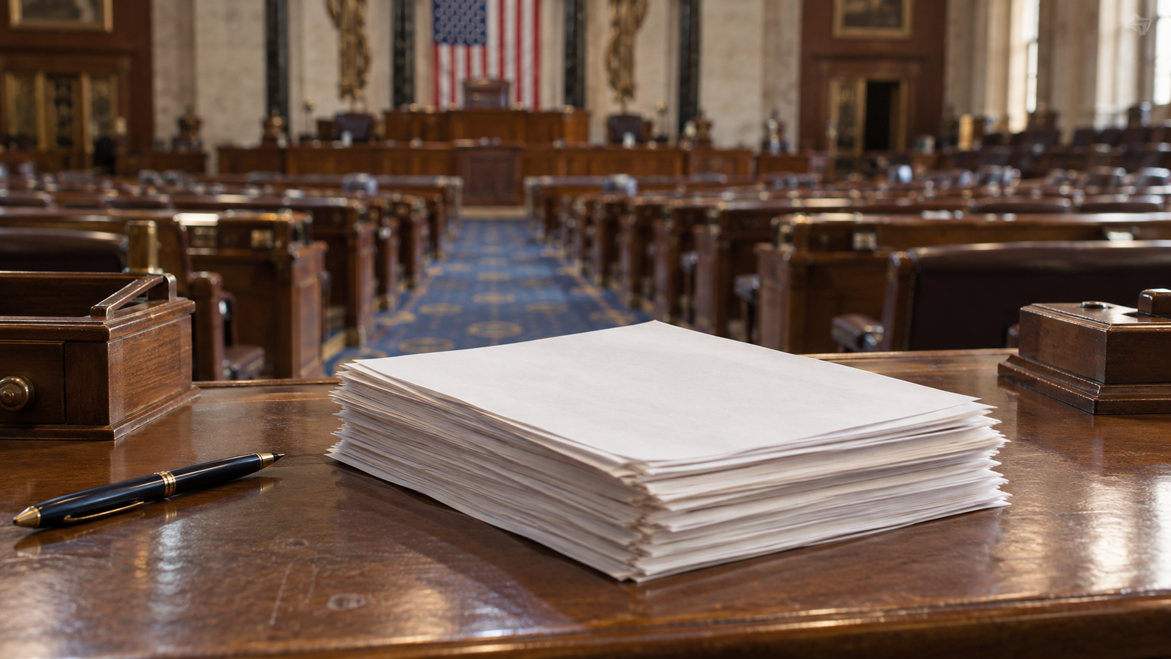 A stack of generic blank petition sheets on a wooden legislative desk beside a pen.
