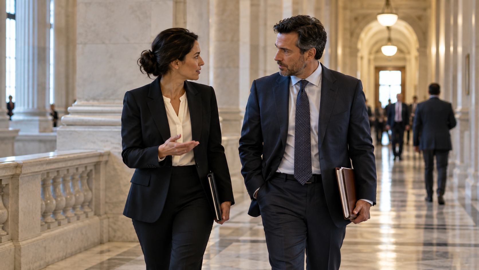 Two anonymous adults in professional attire conversing in a government building corridor.