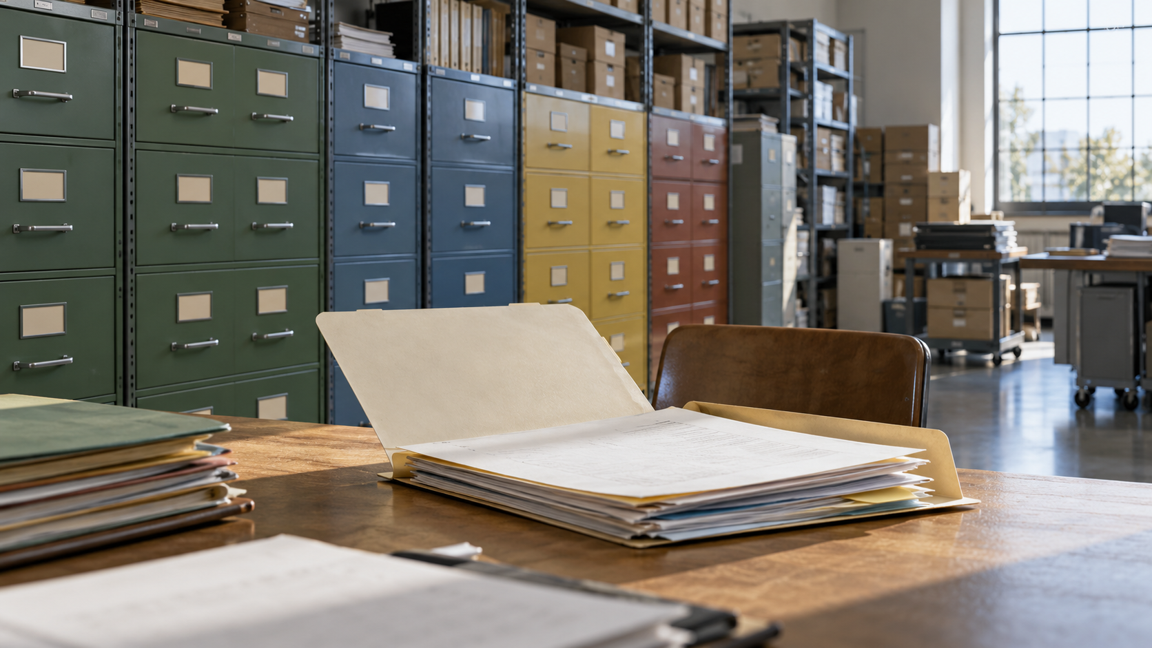 Color-coded filing cabinets and an open cream folder in an archival records room.