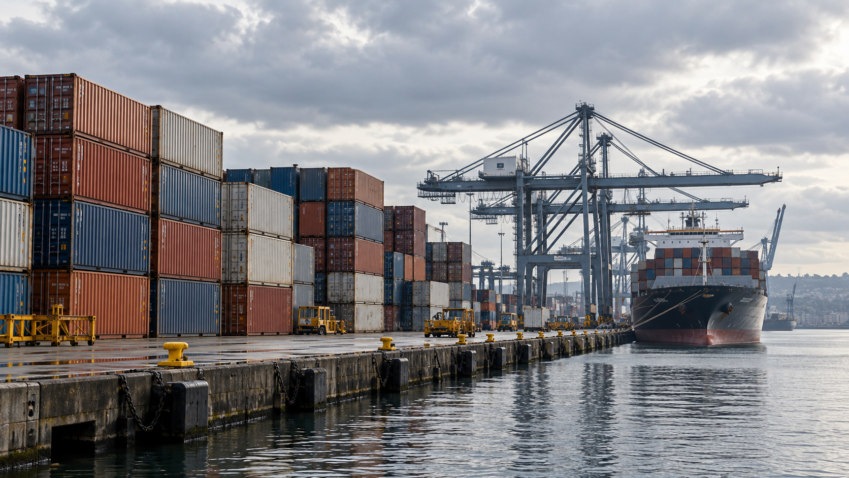 Shipping containers stacked at a quiet commercial harbor.