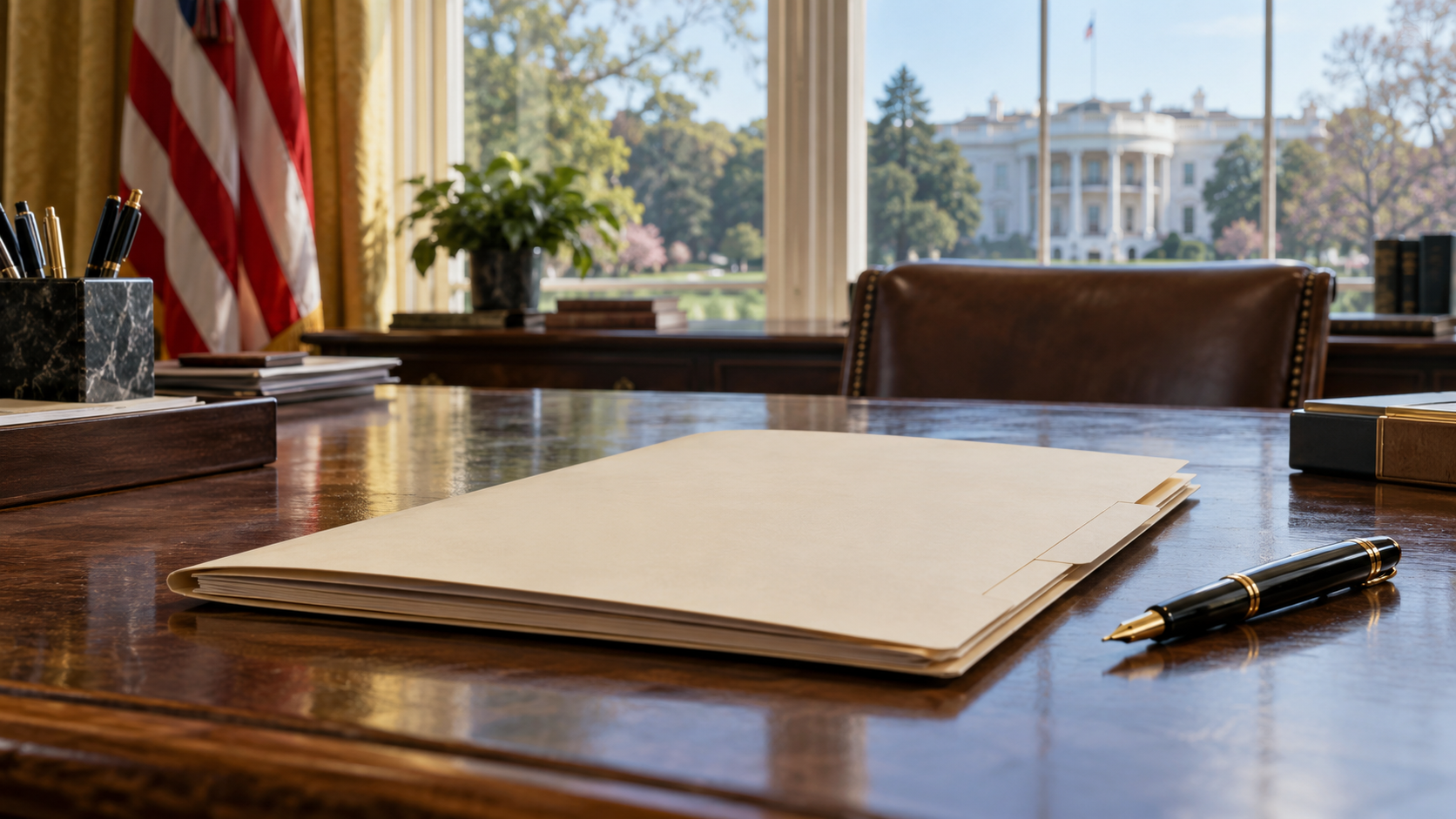 A closed cream legal folder and fountain pen on a desk with the White House exterior softly visible through a distant window.