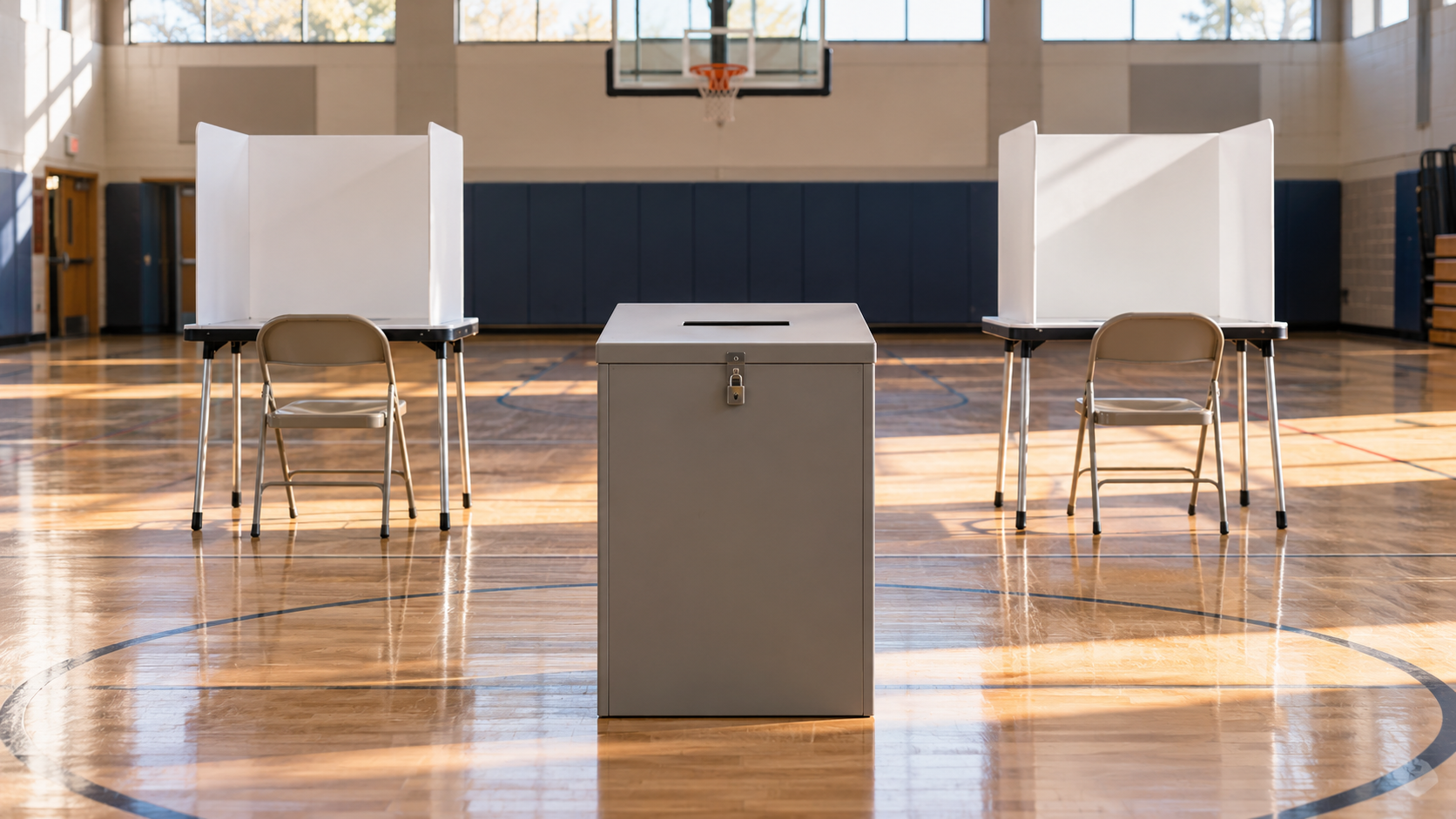 A single ballot receptacle and two folding privacy booths set up in a school gymnasium.
