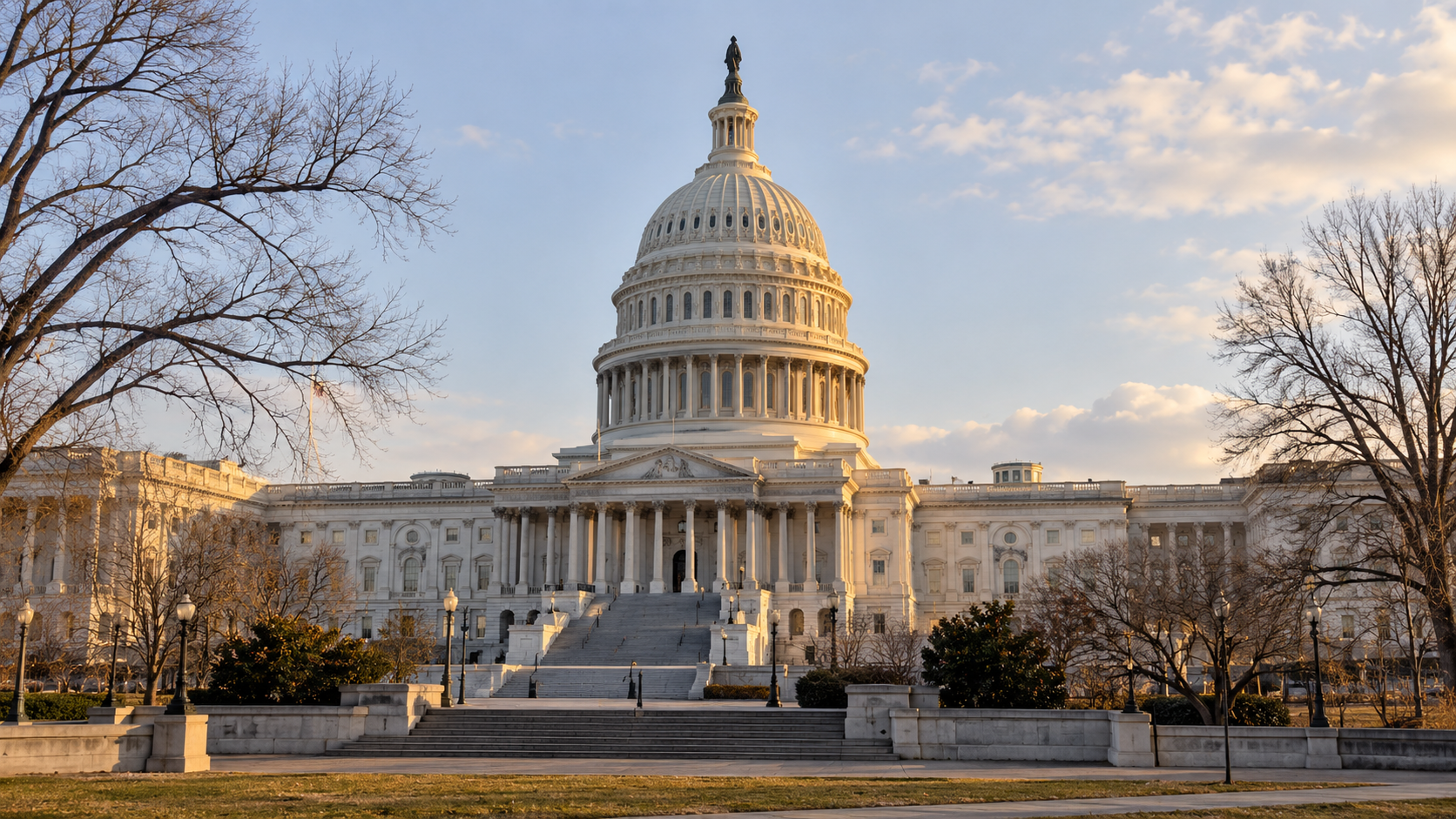 The U.S. Capitol exterior in bare-tree winter afternoon light.
