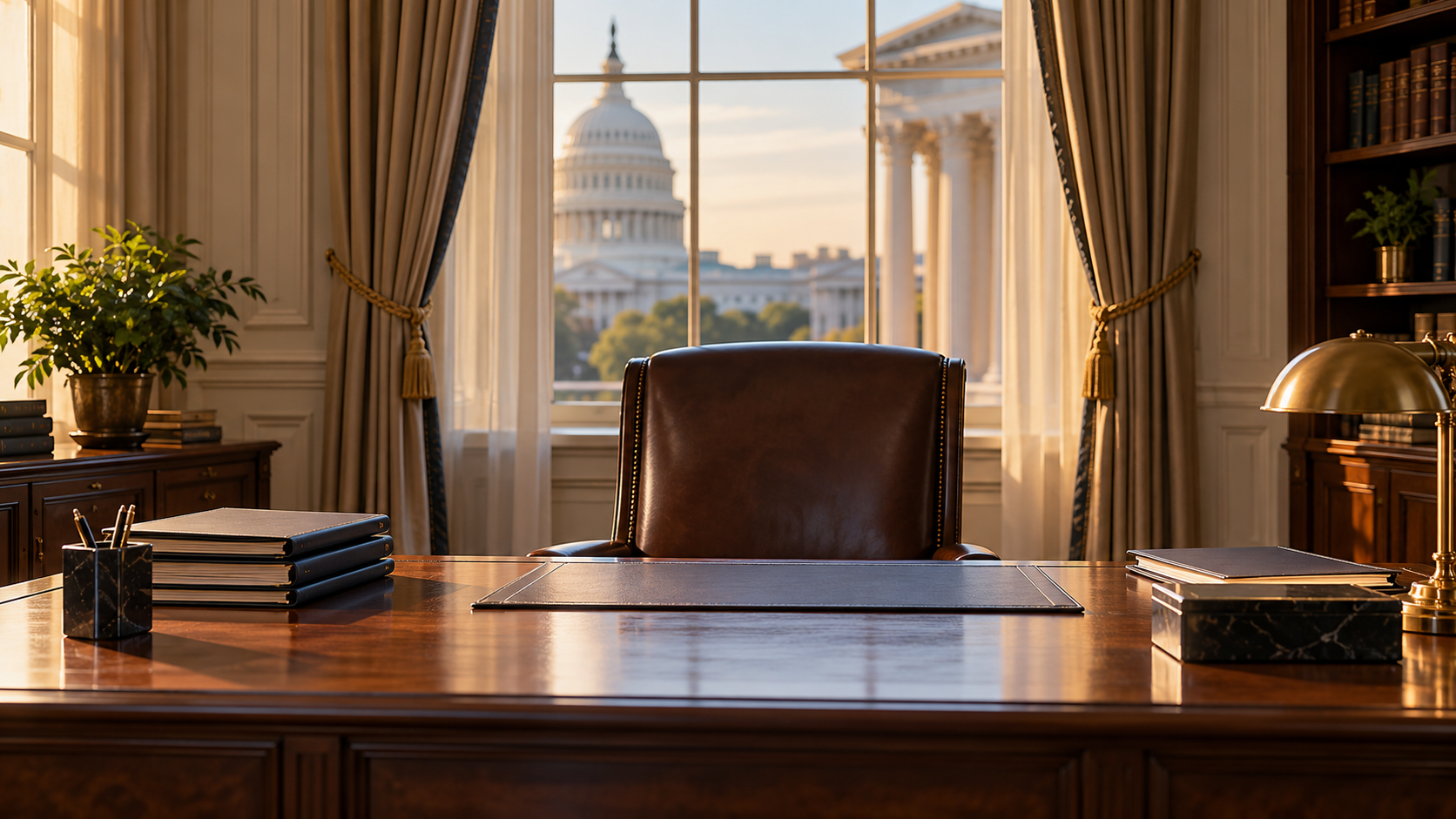 Empty executive office desk framed by neoclassical government buildings