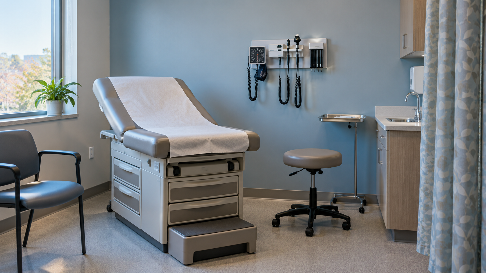 A quiet medical consultation room with a paper-covered examination table.
