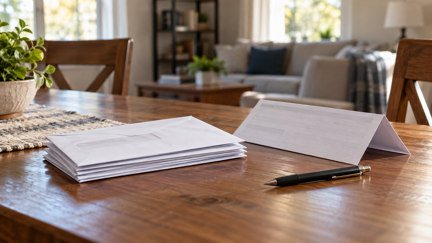 Mail envelopes and a pen on a table beside folded voting paperwork.