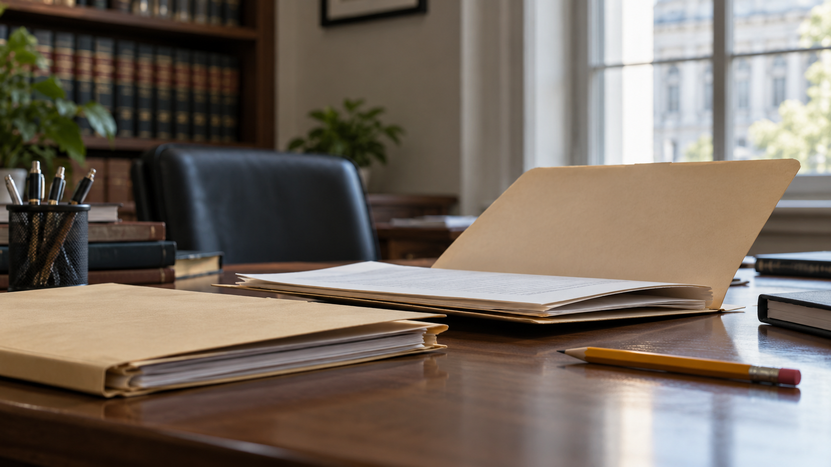 Neutral case folders and a pencil on a legal preparation table