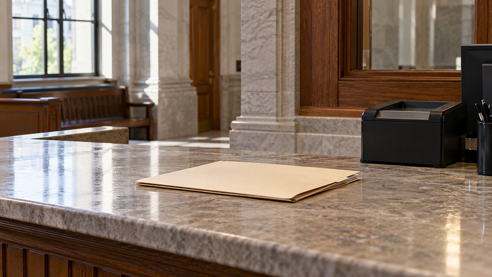 A closed legal folder at a quiet courthouse filing counter