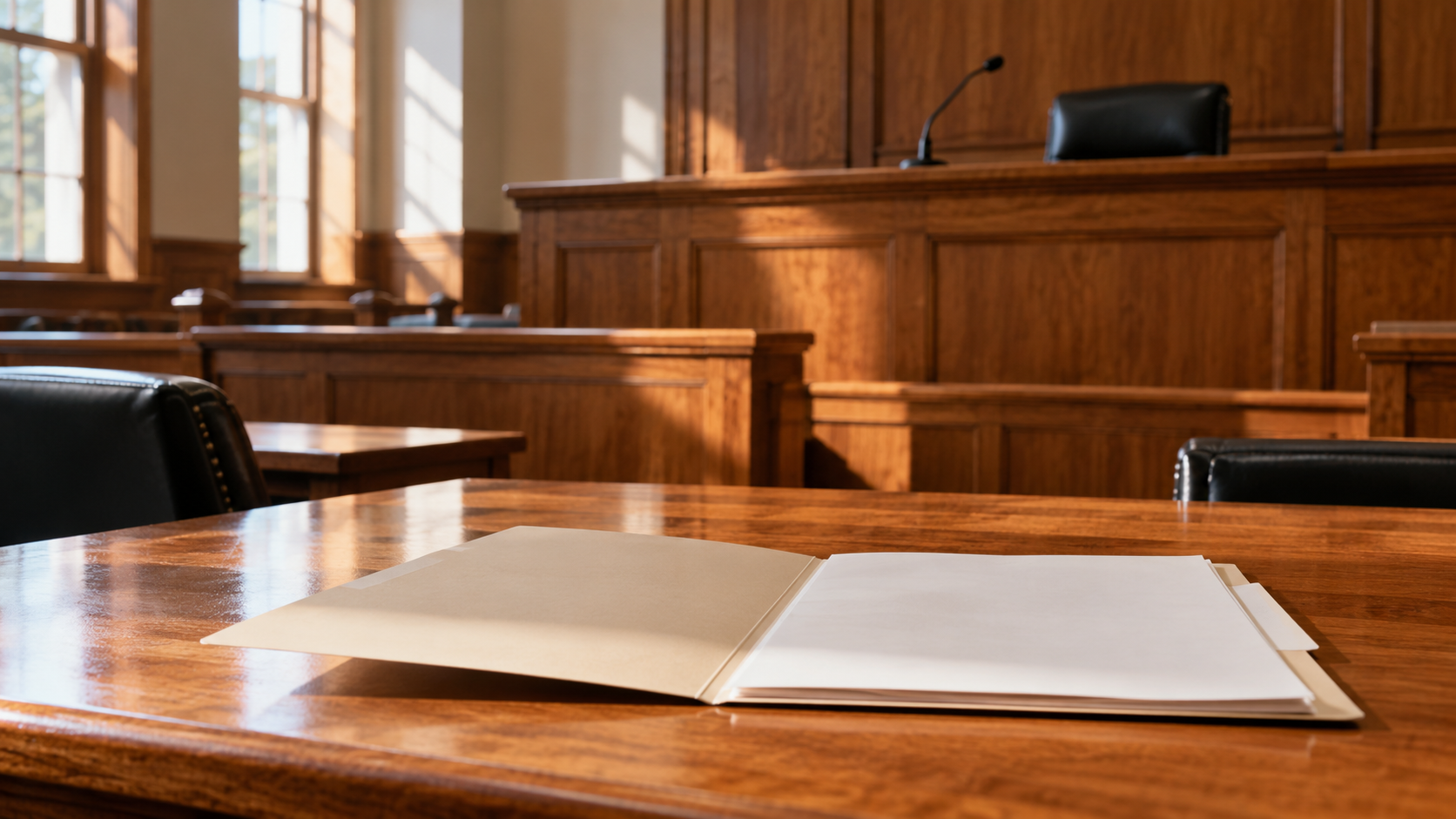 An unlettered case folder on a counsel table in an empty courtroom