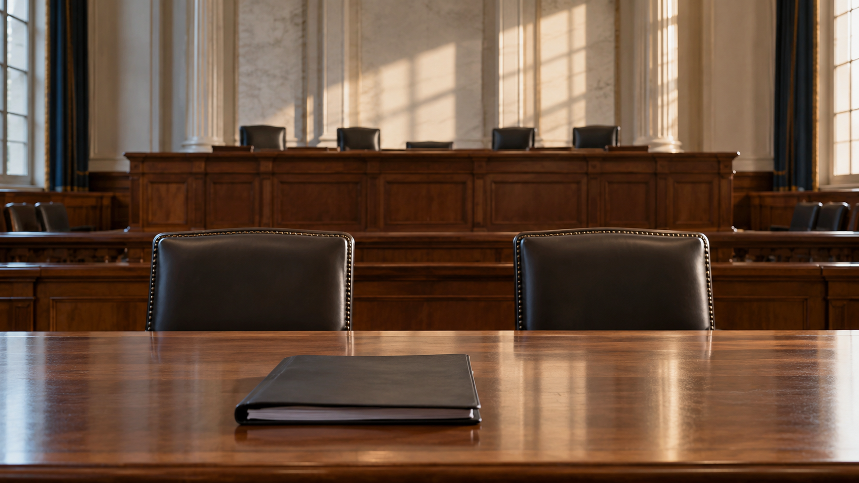 An empty hearing room with unoccupied chairs and a closed legal file