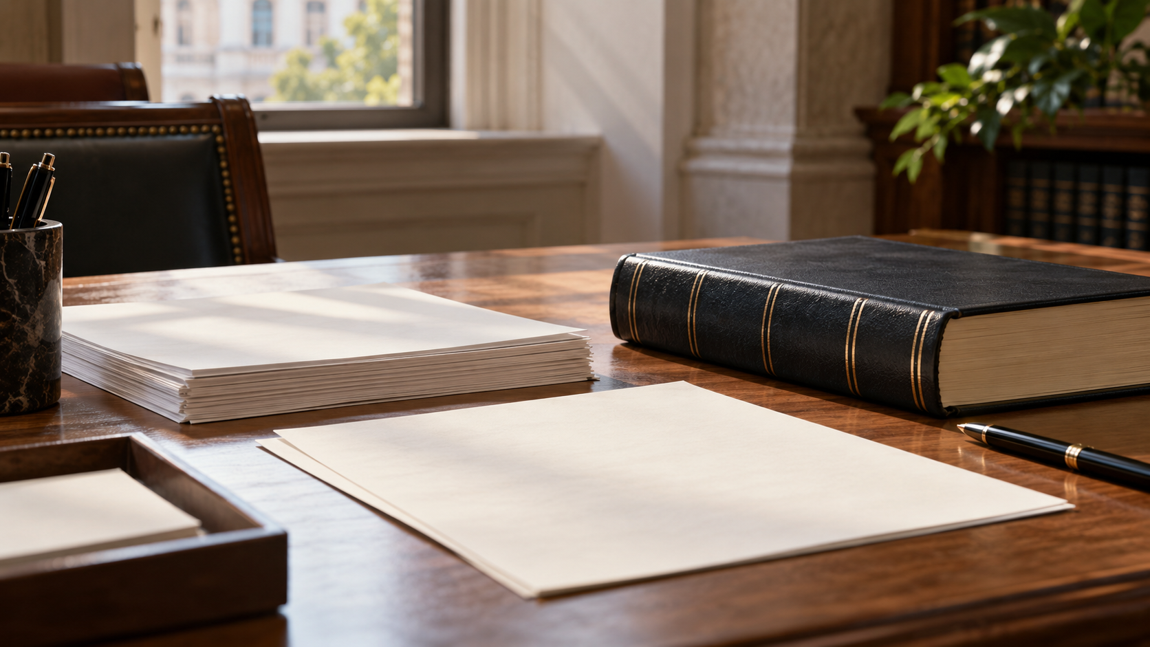 Separate legislative draft sheets and a bound volume on a wooden drafting desk