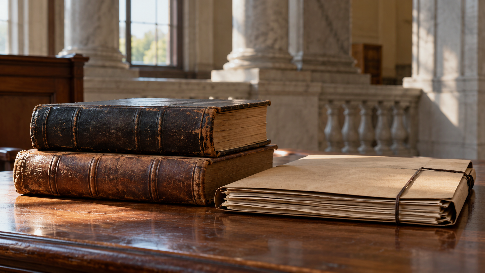 Worn legal volumes and a records folder on a courthouse archive desk