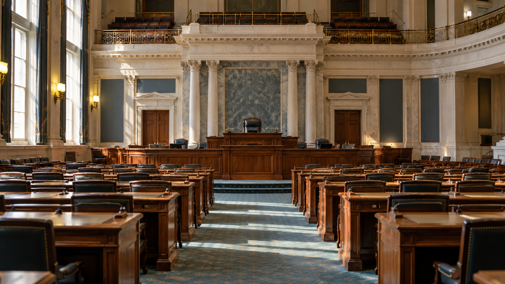 An empty state legislative chamber with orderly wooden desks