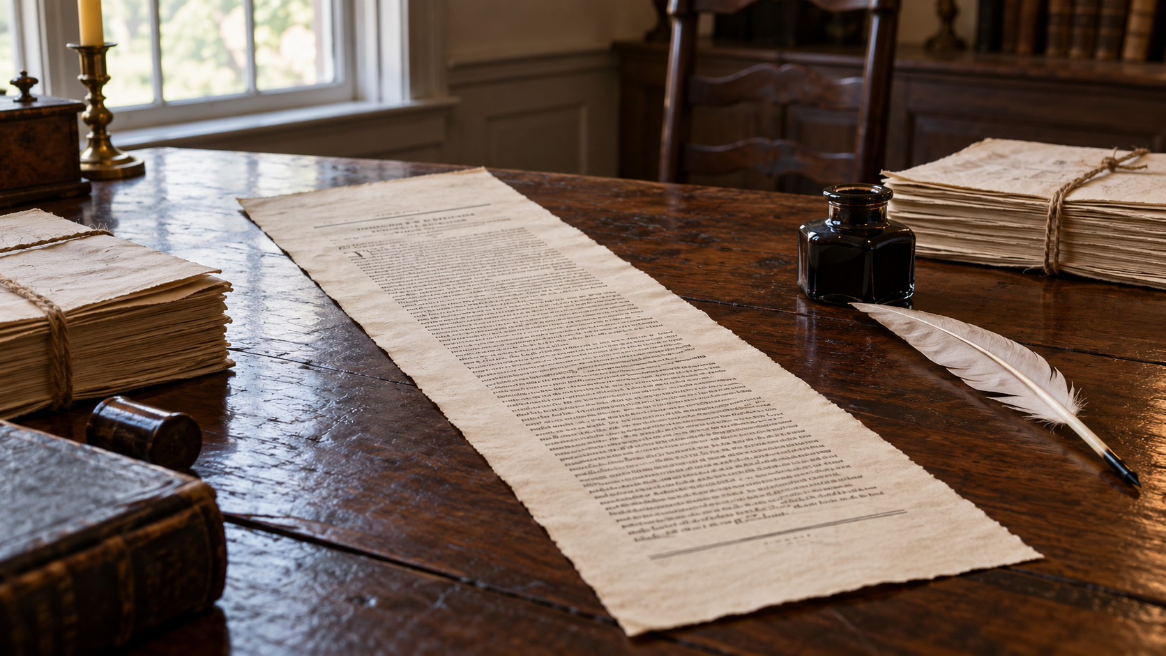AI historical reconstruction of a freshly printed 1787 ordinance broadside on a legislative clerk’s writing table, based on surviving documents.