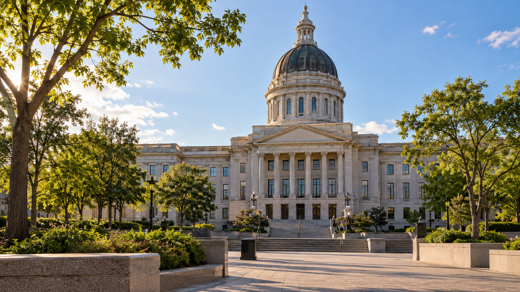 A state capitol viewed from a nearby local government plaza