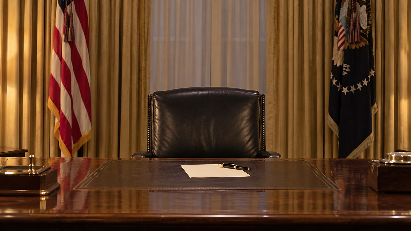 AI historical reconstruction of a prepared Oval Office broadcast desk in 1979, with speech paper, curtains and period flags.