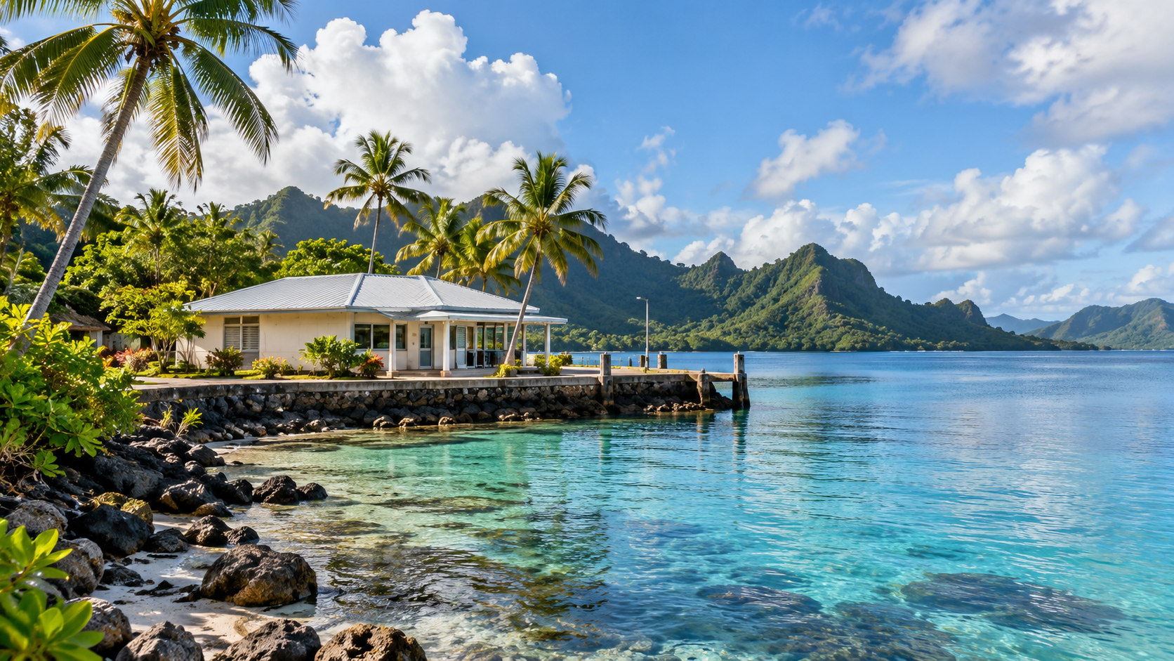 A Pacific island lagoon beside a small waterfront civic building
