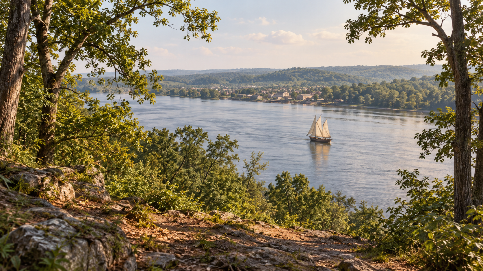 AI historical reconstruction of the Potomac landscape near Georgetown around 1790, before construction of the federal capital.