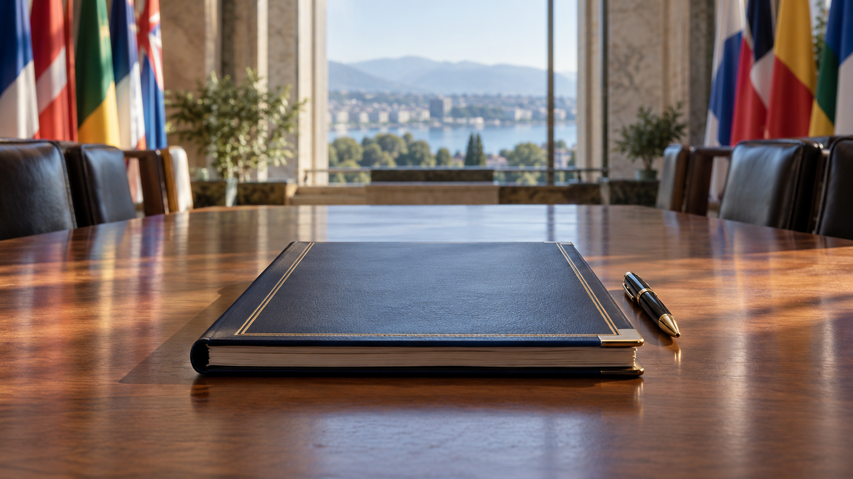 A bound diplomatic document and pen set on a conference table