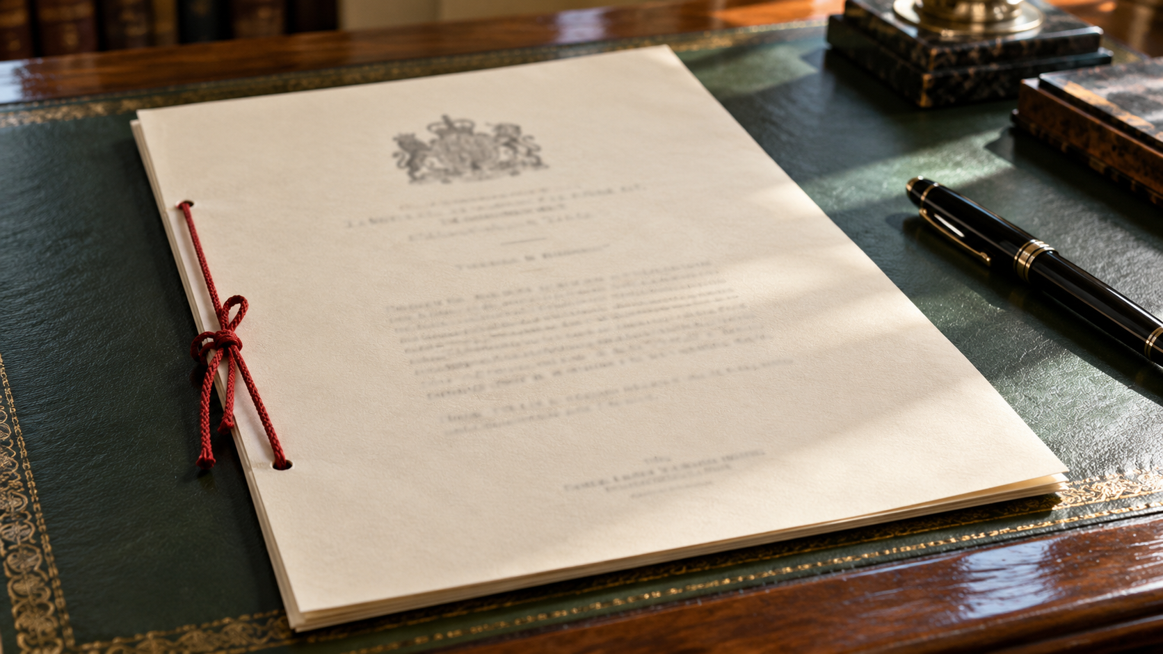 AI historical reconstruction of a cream parliamentary statute booklet with red binding cord and a 1940s fountain pen.
