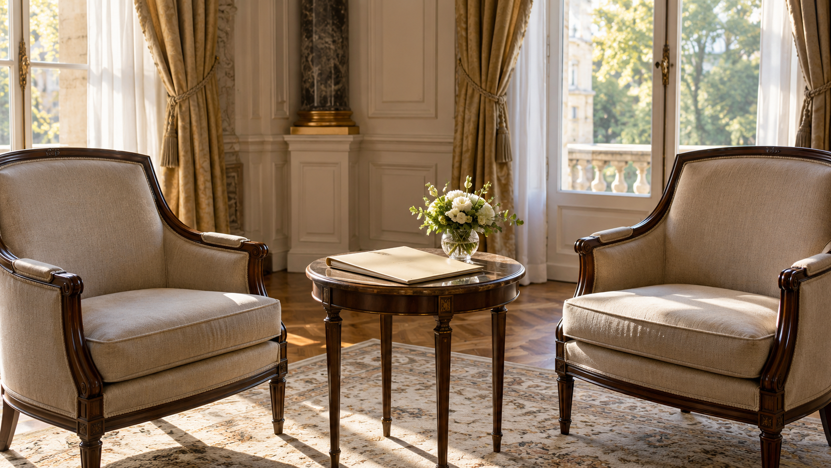 Two chairs and a cream document folder in a formal diplomatic reception room