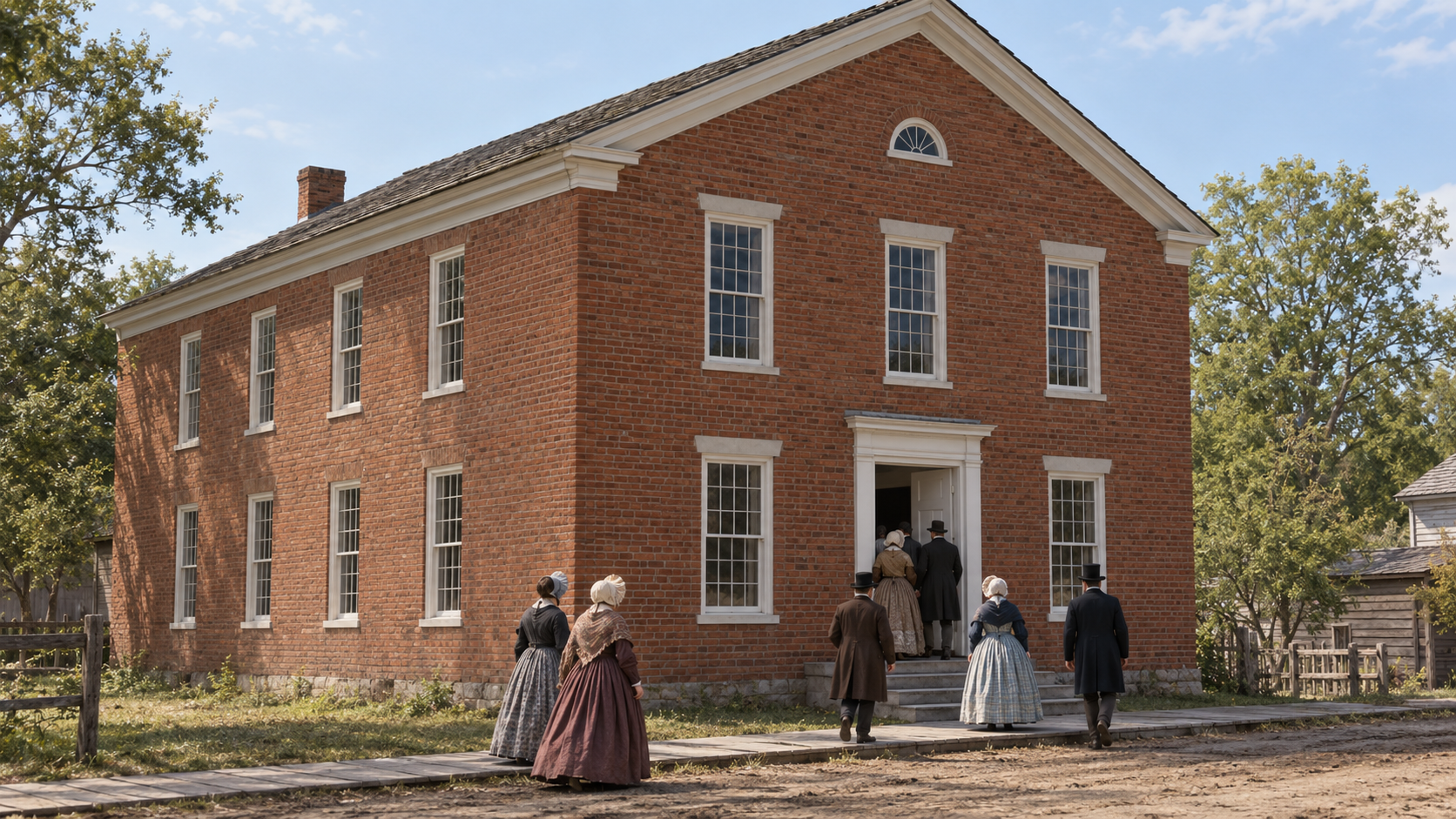 AI historical reconstruction of the red brick Wesleyan Chapel in Seneca Falls with anonymous visitors in 1840s clothing.