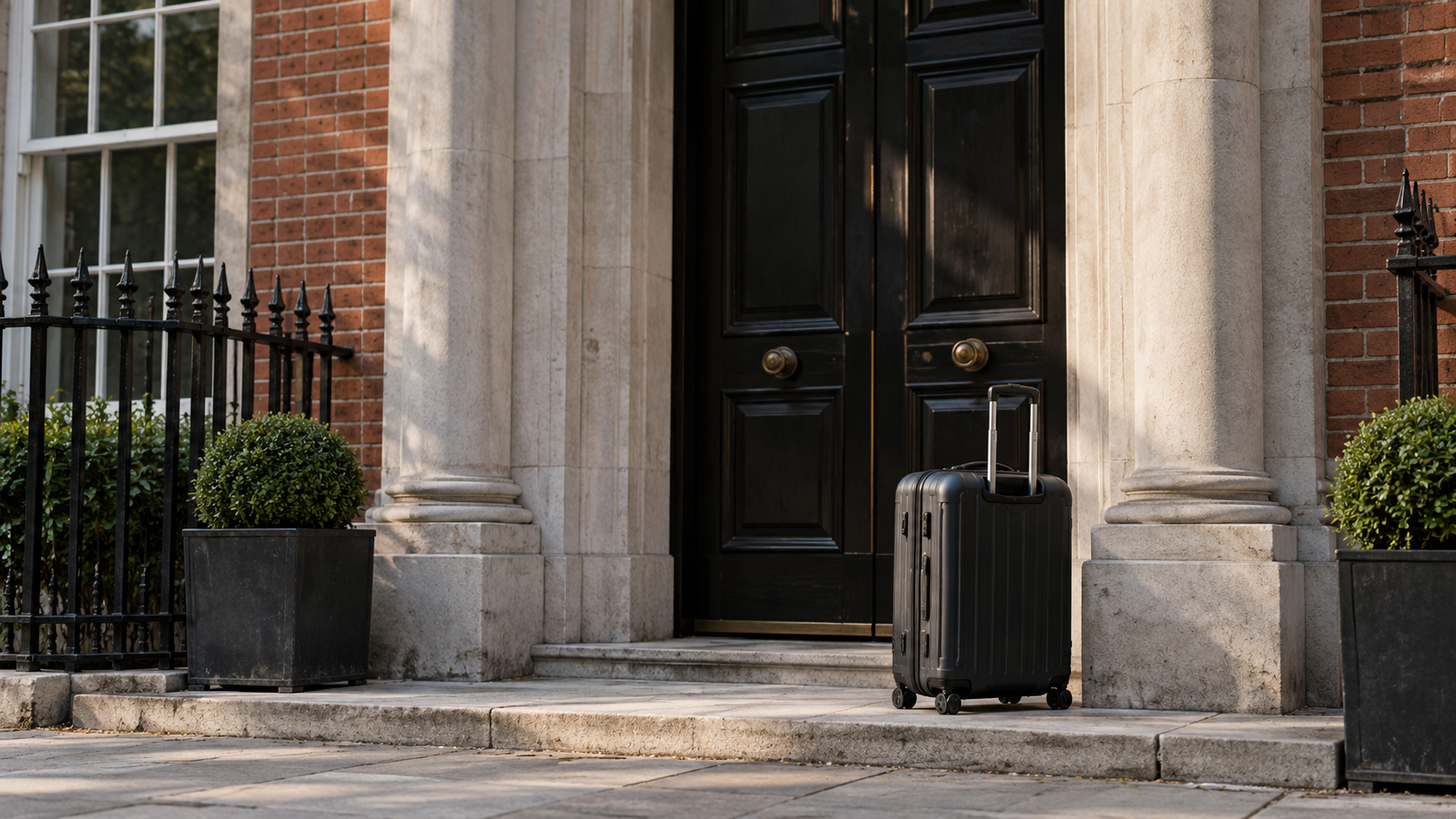 A closed travel suitcase beside the entrance of an embassy-style building