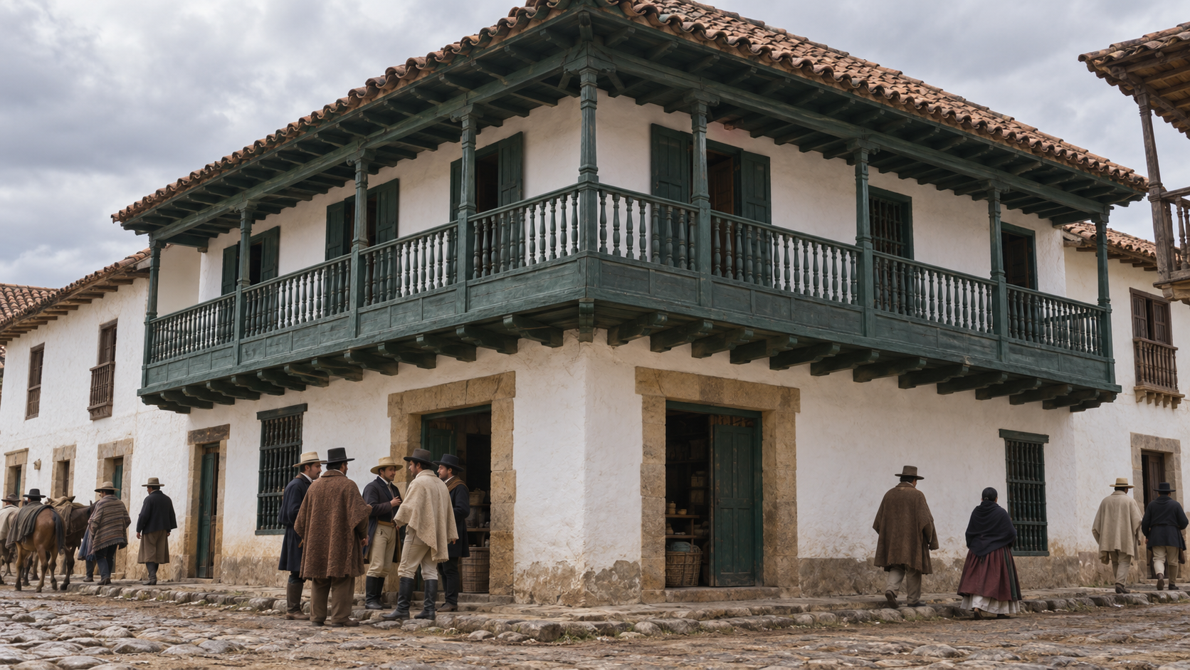 AI historical reconstruction of the Casa del Florero’s colonial facade in Bogotá around 1810, with anonymous period visitors.