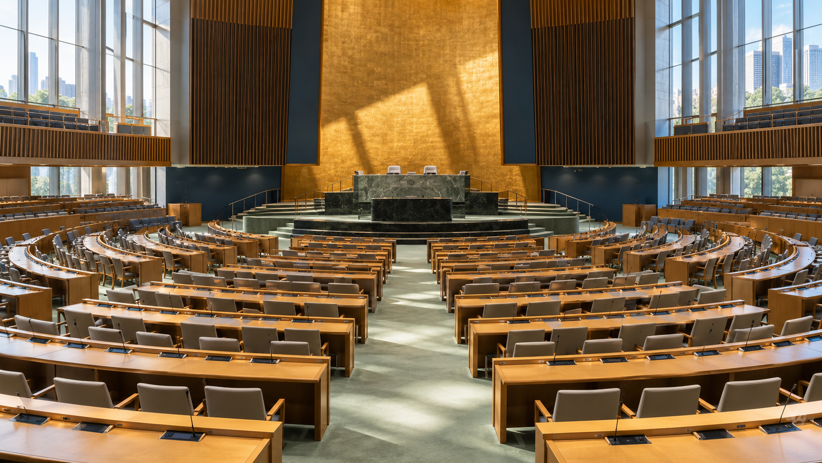 An empty international plenary hall with tiered desks and delegate microphones