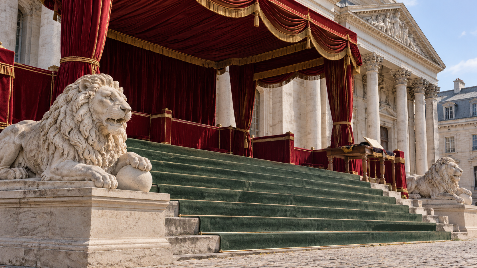 AI historical reconstruction of a ceremonial platform with stone lions and red drapery, inspired by period depictions of Belgium’s 1831 oath.