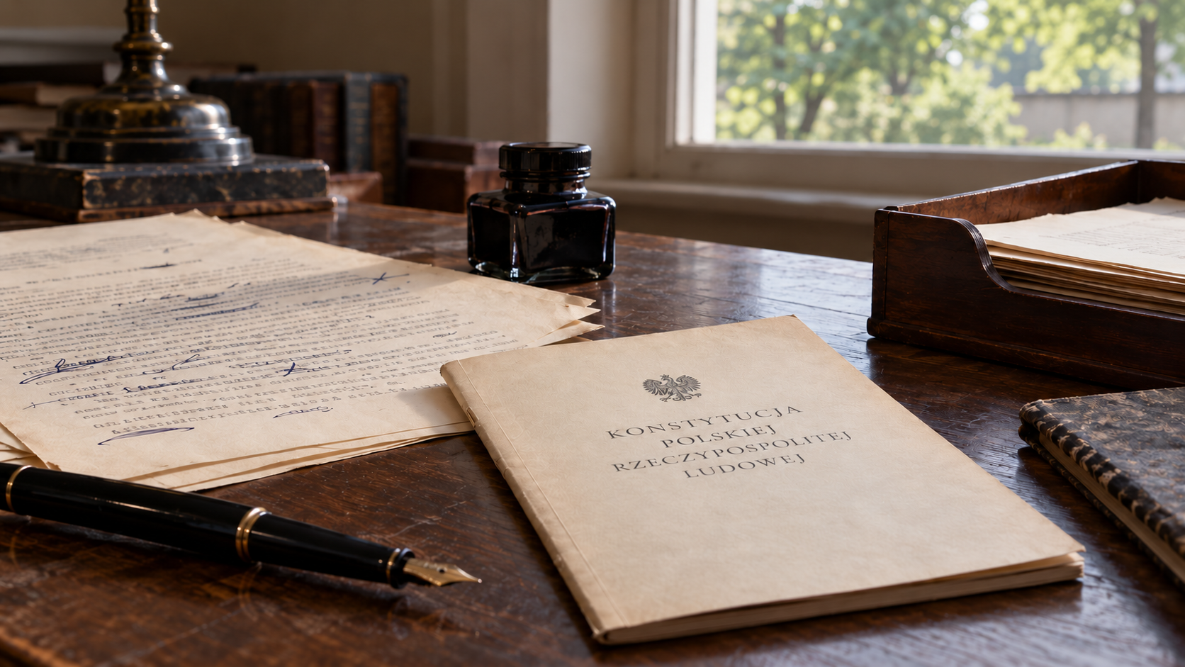 AI historical reconstruction of constitution papers and a fountain pen on a Warsaw office desk, inspired by Poland’s 1952 legal documents.