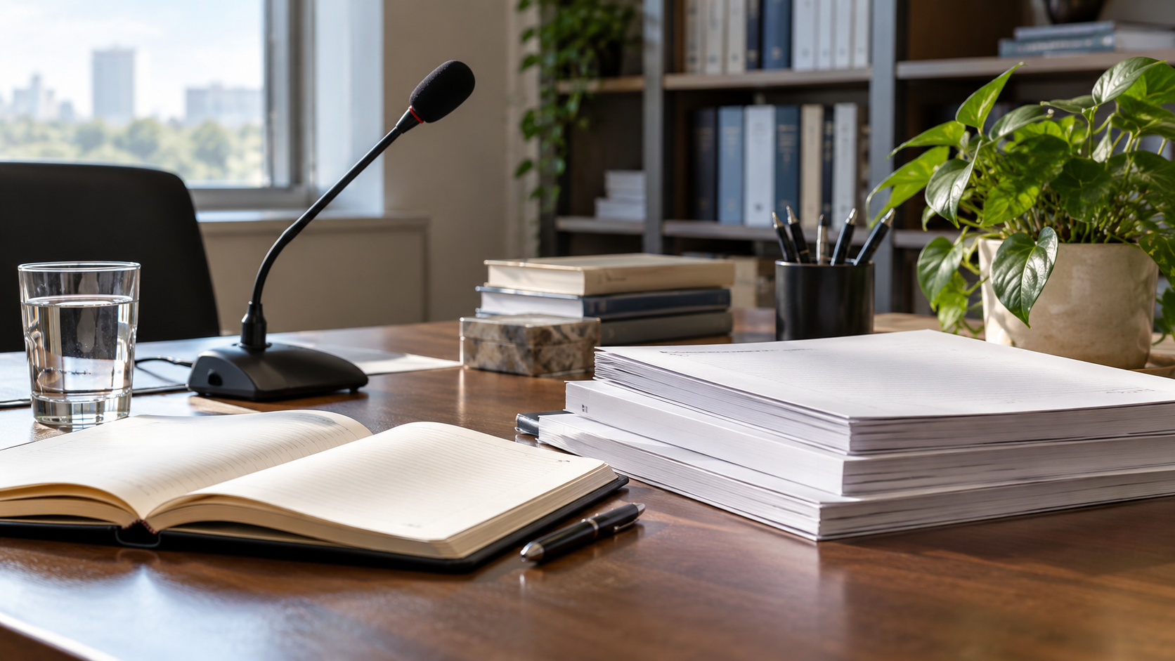 Reports, a notebook, and a microphone on a human rights research desk