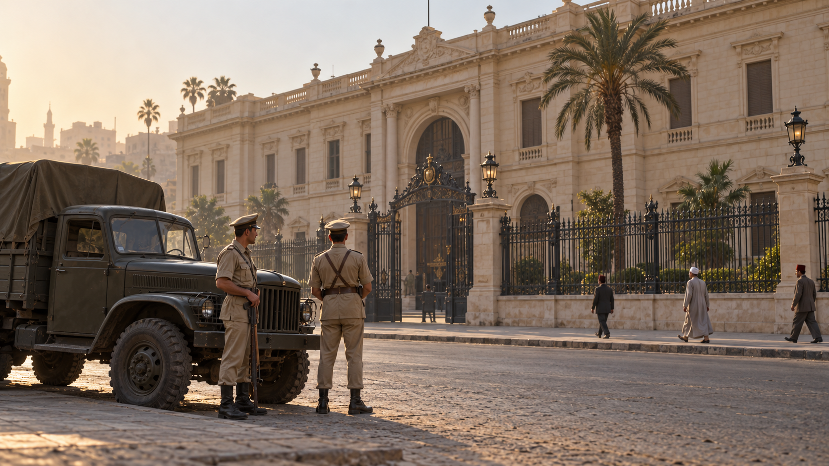 AI historical reconstruction of soldiers and a period truck outside Cairo’s Abdin Palace, inspired by photographs of Egypt’s 1952 upheaval.