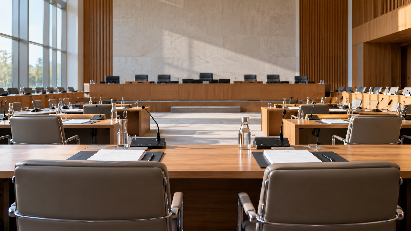 Delegate chairs and paper packets in an international peer review conference room